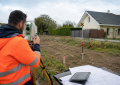 Homme entrain de borner le terrain d'une maison.