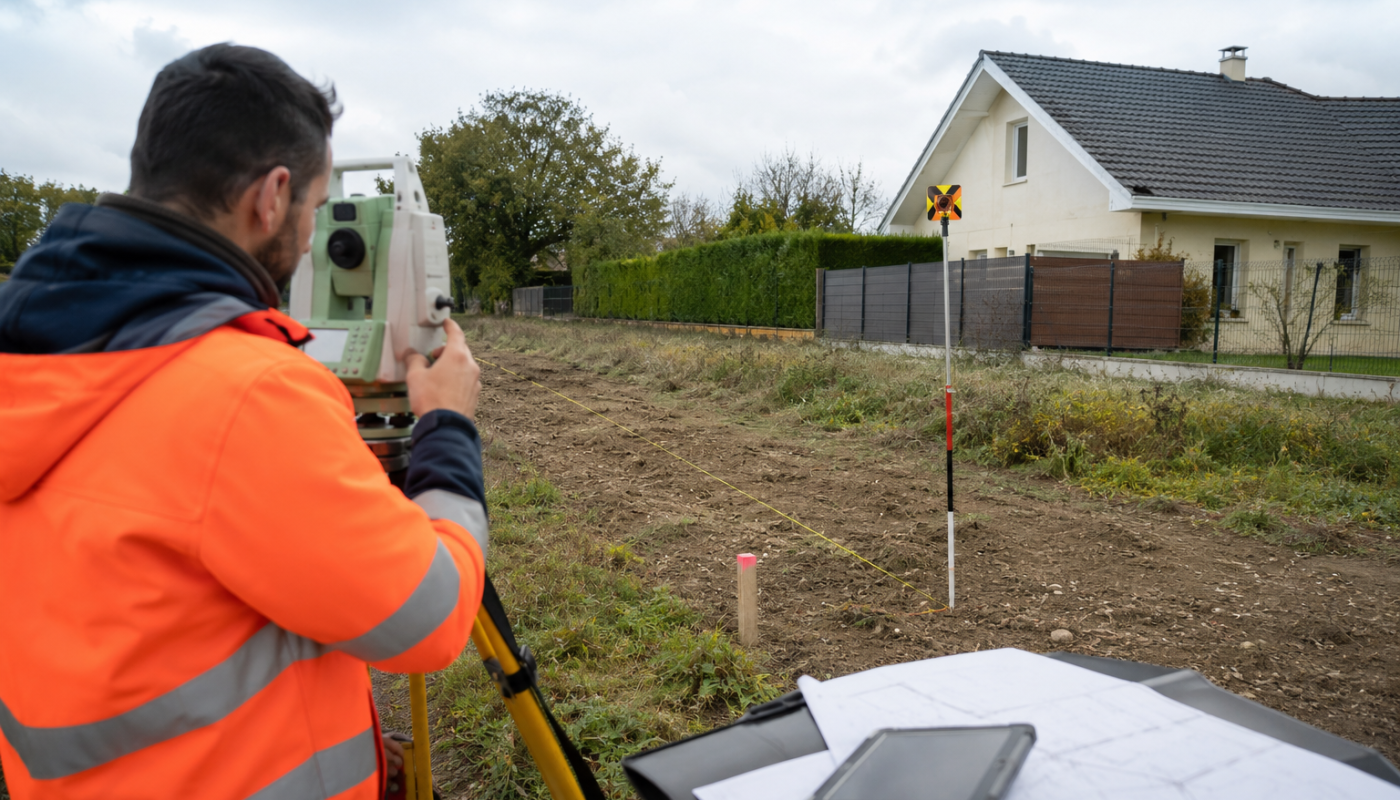 Homme entrain de borner le terrain d'une maison.