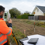 Homme entrain de borner le terrain d'une maison.