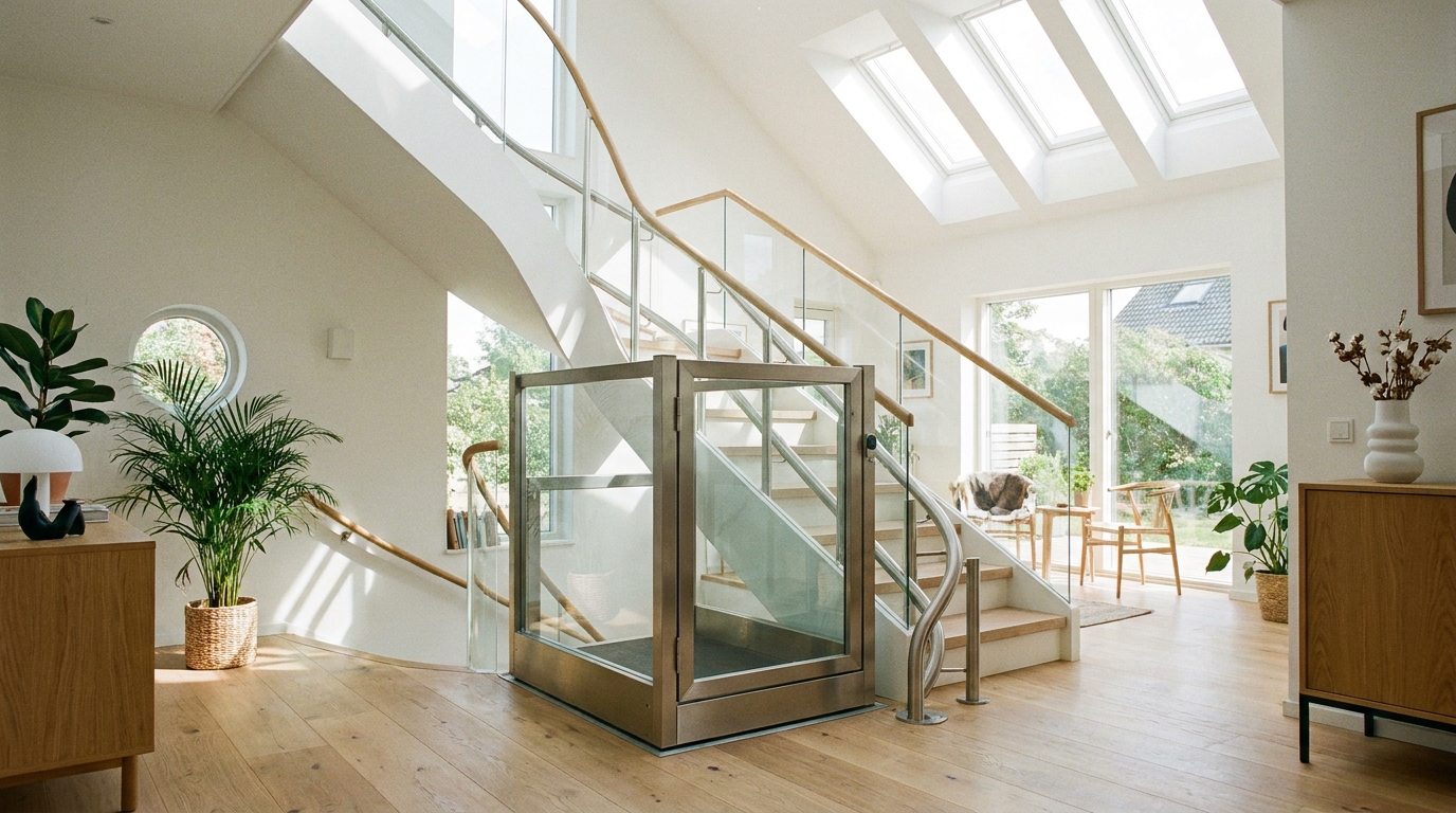 Monte-escalier moderne sur un escalier tournant, maison lumineuse