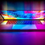 Un ordinateur portable ouvert projette des couleurs vives sur le bureau