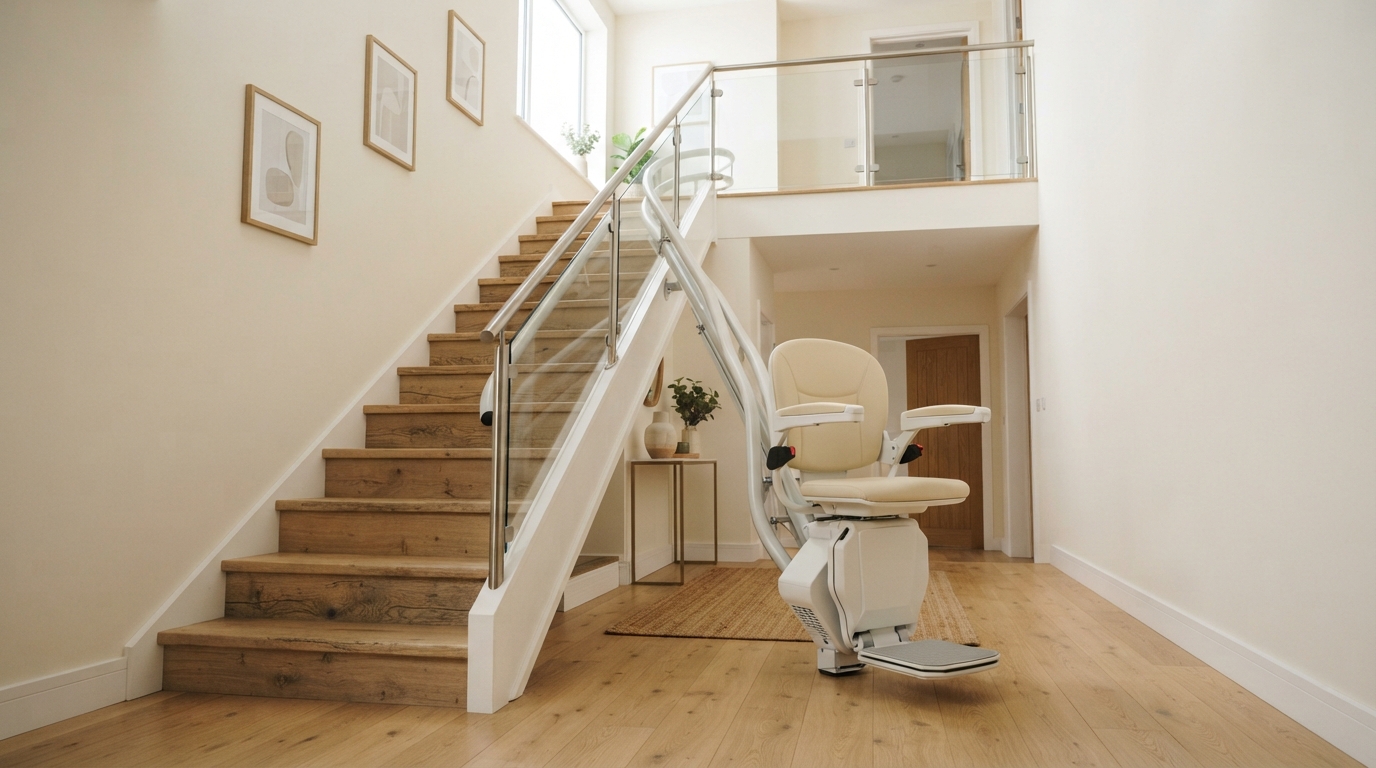 Monte-escalier installé le long d'un escalier de maison, rampe moderne, intérieur clair